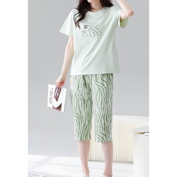100% Cotton Women Capri Pajama Set 2 Pcs Short Sleeve Top Capris pants Sleepwear - Picture 5 of 9